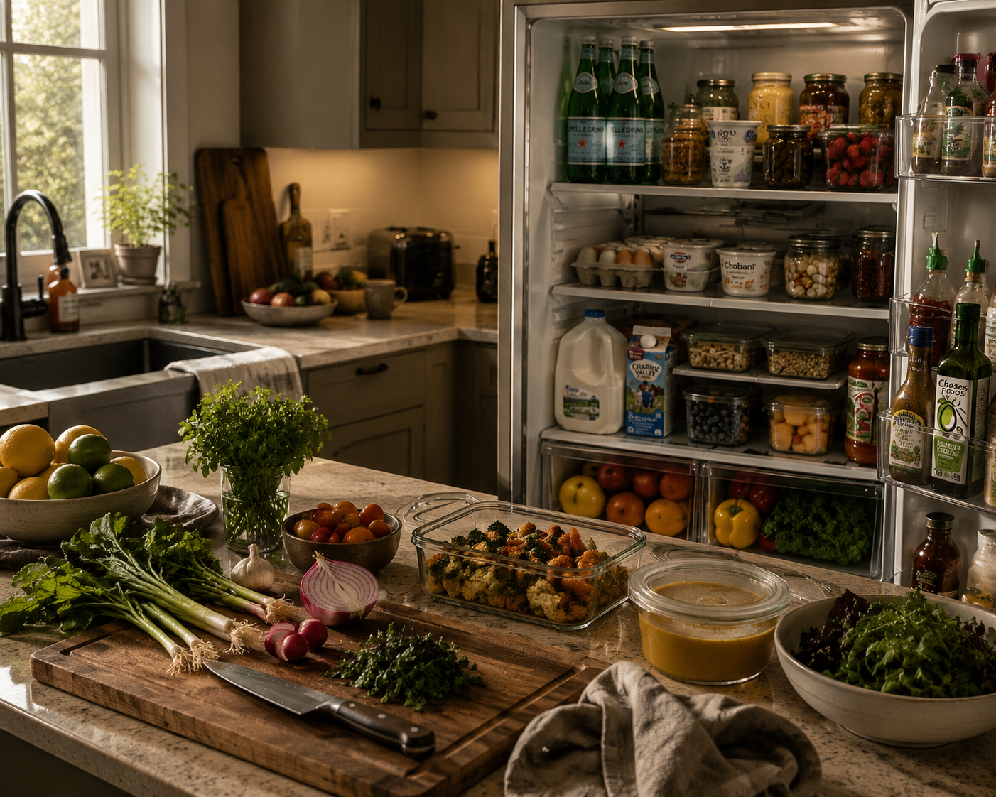 Prepared foods and weekly staples in a lived-in household refrigerator