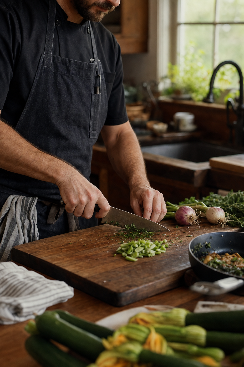 Private chef preparing food in a warm residential kitchen